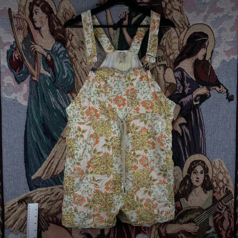 Y2K Raga Overalls Women’s Sz L Floral Summer Bright Drawstrings Pockets Garden